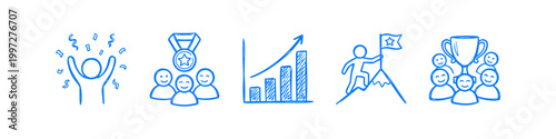 Set of blue hand-drawn icons illustrating success, growth, teamwork, and achievement. Features business charts, medals, trophies, mountain climbing, and celebratory figures on a white background.