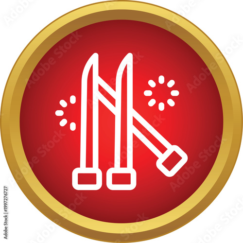 Ski equipment flat icon on a rounded red and gold button for mobile app or website