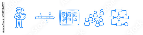Hand-drawn blue icons representing project management, agile workflow, business planning, team collaboration, and process mapping on a clean white background.