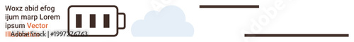Cloud computing, energy storage, sustainability, data transfer, modern technology, digital processes. Battery icon next to a cloud and styled text. Cloud computing and energy storage concepts