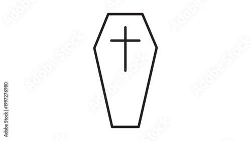Coffin Vector Icon with Cross, Minimalist Black Line Illustration on White Background, Funeral and Burial Symbol, Editable Stroke for Customizable Line Weight, Scalable Graphic Design Element.