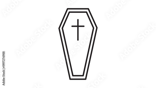 Minimalist Coffin Vector Icon with Cross Symbol, Editable Stroke Line Art Illustration for Funeral Services, Death, Cemetery, and Halloween Themes, Clean Hexagonal Casket Design on White.