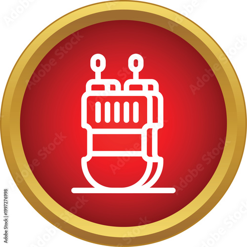 White outline of a vintage radio device inside a bold red circle with gold trim