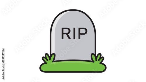 Modern Flat Vector Icon of a Rounded Tombstone with RIP Text on Green Grass, Isolated on White Background. This Editable Stroke Vector Illustration is Perfect for Halloween or Funeral Designs.