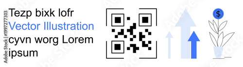 Business growth, data technology, financial strategy, digital innovation, QR code systems, economic progress. QR code with arrows, money symbol and plant. Business growth and financial strategy
