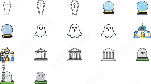 17 Minimalist Vector Icon Set with Editable Stroke: Spooky Ghost, Funeral Coffin, Magic Crystal Ball, Jewish Synagogue, Ancient Greek Temple, and RIP Tombstone. Customizable Line Weight Bundle.