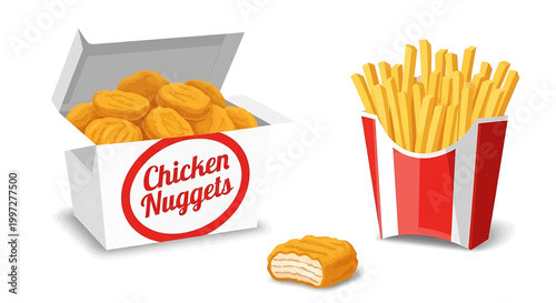 Fast food meal with a box of chicken nuggets and a container of french fries