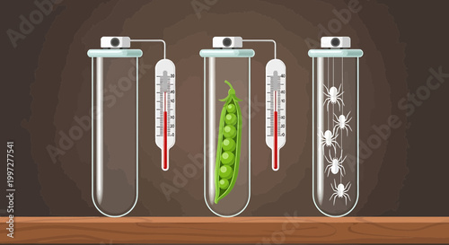 Scientific experiment with peas and spiders in test tubes measuring temperature