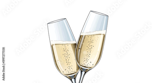 Two champagne glasses clinking together