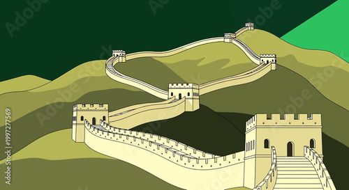 Illustration of the great wall of china winding over rolling hills