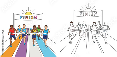 Athletes running across the finish line marathon race competition, colorful and line art vector set illustration for sports events, fitness concepts and coloring book pages
