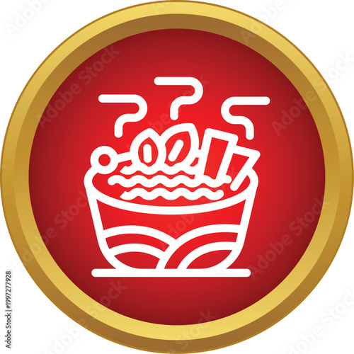 Hot asian food icon presenting a bowl of ramen noodles on a red and gold background