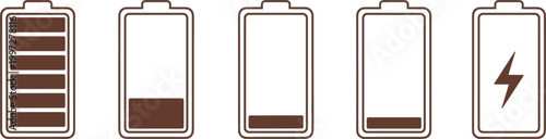 Battery Level Icon Set with Charging Symbol and Different Power States Flat Vector Illustration for Energy, Mobile Devices, Technology, and UI Interface Design