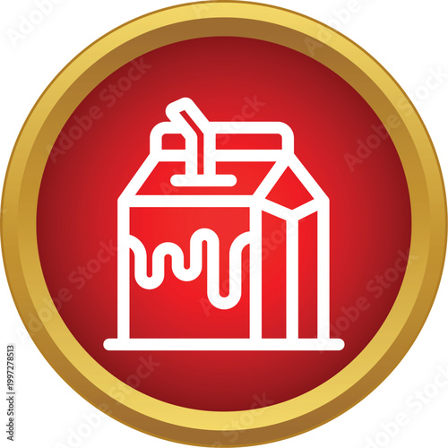 Milk carton with straw and dripping liquid inside a red and gold circle