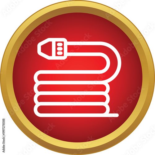 Coiled fire hose with a nozzle on a bright red background, emergency concept