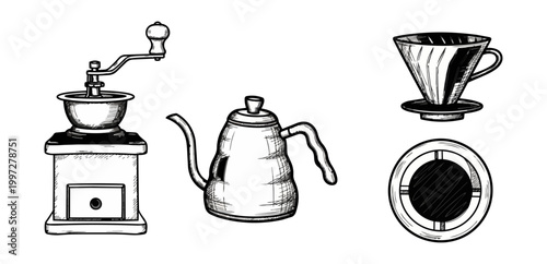 Coffee preparation tools illustration monochrome design