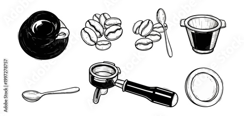 Coffee preparation elements sketch illustration isolated