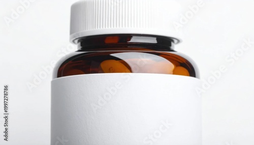 Amber medicine bottle with blank white label and white cap, pharmaceutical packaging mockup, pill container for healthcare, pharmacy and clinical supplies