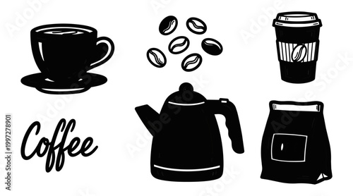Coffee theme graphic elements on black background