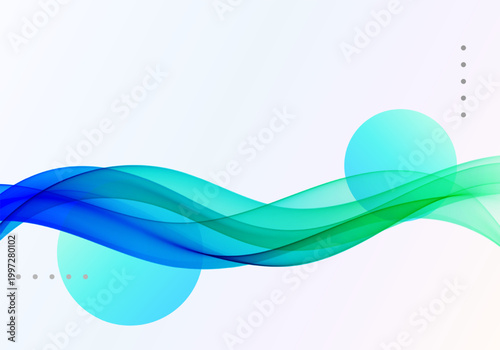 Abstract blue and green wave background with gradient circles and dotted accents