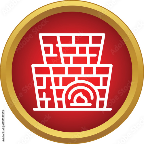 White outline of a masonry oven with fire inside a red and gold circle