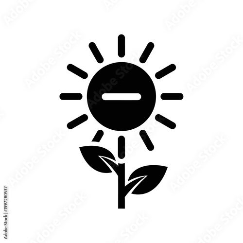 Black and white sunflower with a minus sign in the center, representing reduced sunlight.