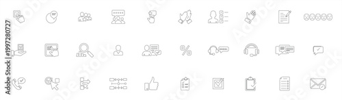 Set of survey icons, including feedback, customer satisfaction, questionnaire, review, rating, and research symbols