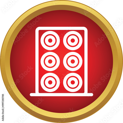 Sound system speakers array on a red circle with golden frame