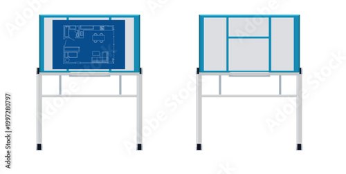 Vector engineering drawing board constructor. Flat design drafting table with blueprint and blank white board. Professional architect or engineer workspace equipment for technical projects.
