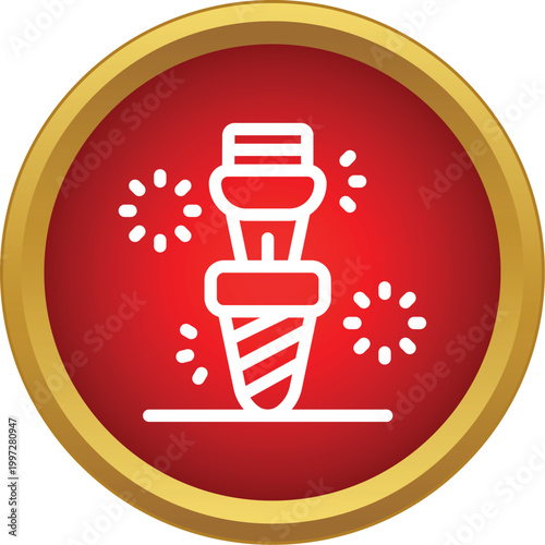 Drilling tool penetrating a surface, generating sparks on a red round background