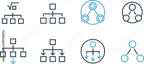 Hierarchy Structure and Network Connection Icons Set with Flowcharts, Organizational Charts, and Data Tree Diagrams for Business, Technology, and Infographic Design