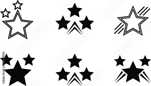 Star Decoration Icon Set with Shooting Star and Multi Star Variations Black Vector Illustration for Awards, Rating Systems, Festive Design, and Graphic Elements