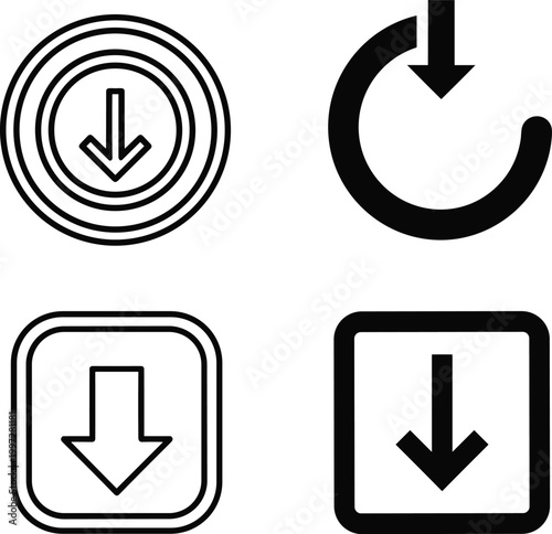 Download Arrow Icon Set with Circular and Square Variations Minimal Black Vector Illustration for File Transfer, UI Buttons, Data Saving, and Interface Design