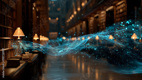 Magical blue energy particles flowing through an ancient library with glowing lamps and bookshelves, suitable for fantasy and storytelling themes