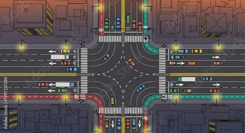Aerial view of a busy city intersection at night with traffic lights and cars.