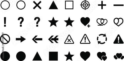 Universal Icon Set with Shapes Arrows Symbols and UI Elements Black Vector Collection for Interface Design, Navigation, Alerts, and Graphic Resources