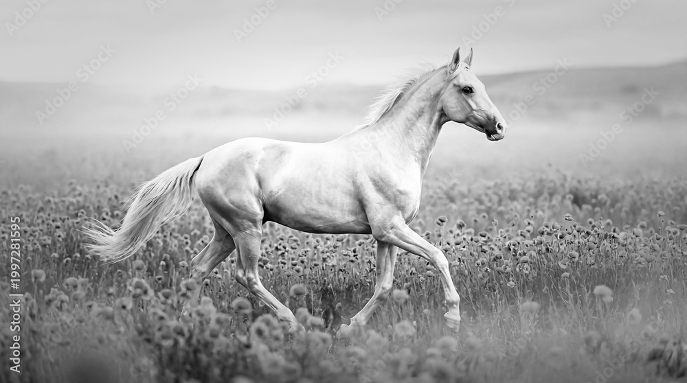 Fototapeta premium Majestic white horse trotting through a misty poppy field