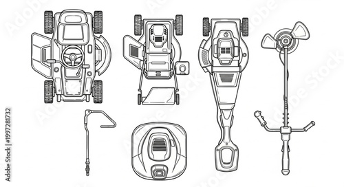 Top Down View of a Lawn Mower and Snow Blower Schematics.