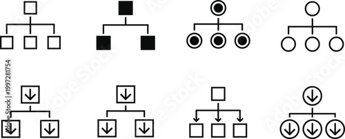 Hierarchy and Flowchart Icon Set with Organizational Structure and Download Arrows Vector Illustration for Business Processes, Data Flow, and System Architecture Design