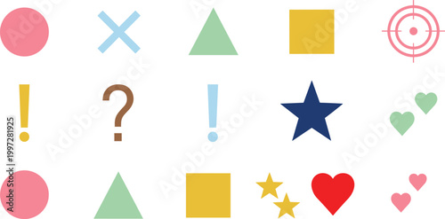 Colorful Symbols and Shapes Icon Set with Circle Triangle Square Star Heart and UI Signs Vector Illustration for Interface Design, Apps, and Graphic Elements