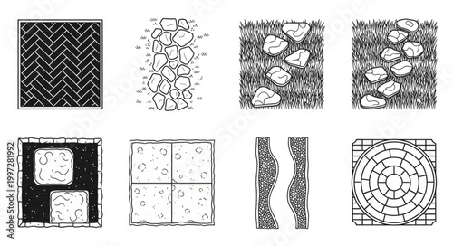 Collection of eight different garden path and paving textures in black and white.
