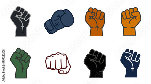 A collection of diverse fist icons in various colors representing strength, unity, and protest