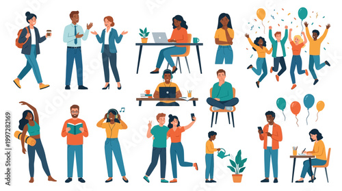 Diverse group of people enjoying various activities, celebrating, working, and relaxing in a vibrant illustration
