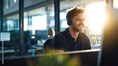 Smiling professional man wearing headset in modern office with warm backlighting and lens flare, concept for customer service, tech support and business communication