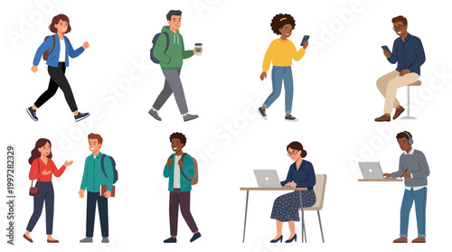 Collection of diverse young adults in casual attire, engaging in various activities like walking, talking, and using technology, representing modern lifestyles and social interactions