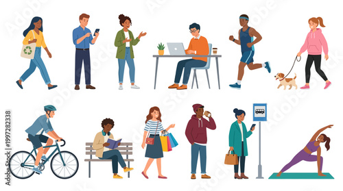 Diverse group of people engaged in various everyday activities, including commuting, exercising, shopping, and leisure, representing a vibrant urban lifestyle