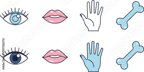 Body Parts Icon Set with Eye Lips Hand and Bone Cartoon Line and Flat Vector Illustration for Anatomy Education, Medical Design, and Creative Graphics