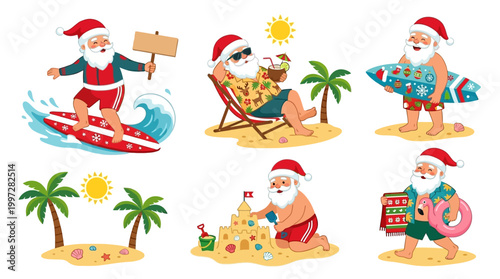 Christmas characters enjoying sunny beach holidays with surfboards and sandcastles, celebrating festive summer vacation