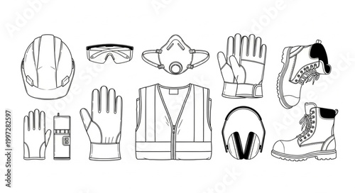 Collection of construction safety equipment and workwear items.