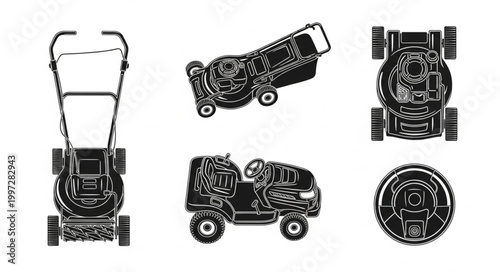 Collection of Lawnmower Illustrations from Multiple Angles.